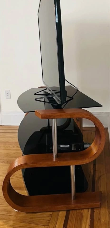 55” modern curvy tv stand - like new - bentwood tempered glass - photo 3