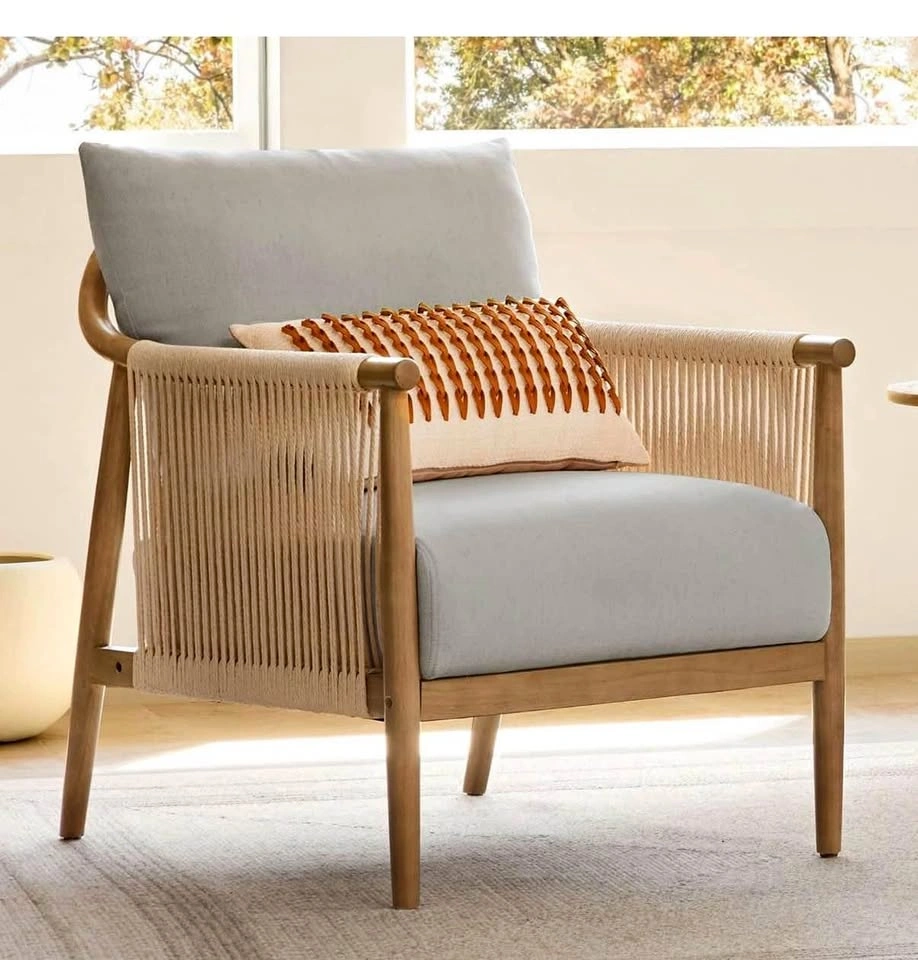 CHITA Braid Accent Chair with Wood Frame, Light Grey