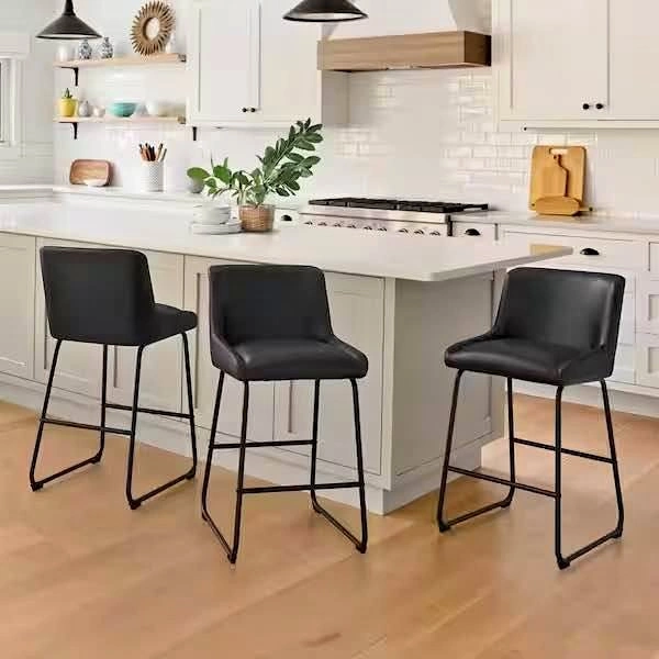 26.5 in. H Faux Leather Black Bar Stool Metal Frame