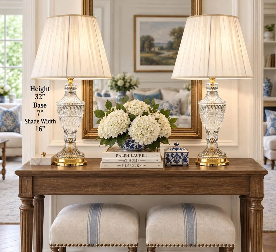 Table Lamps PAIR Traditional Cut Crystal Polished Brass Base