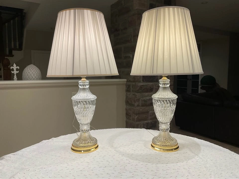 Table Lamps PAIR Traditional Cut Crystal Polished Brass Base - photo 3