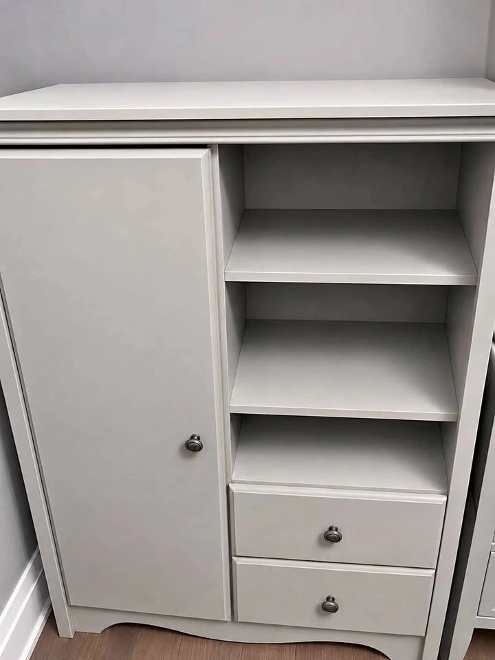 Grey Storage Cabinet with Shelves and Drawers