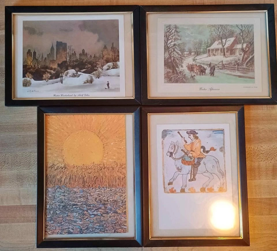 4x Framed Vintage Greeting Cards Van Gogh, Currier & Ives