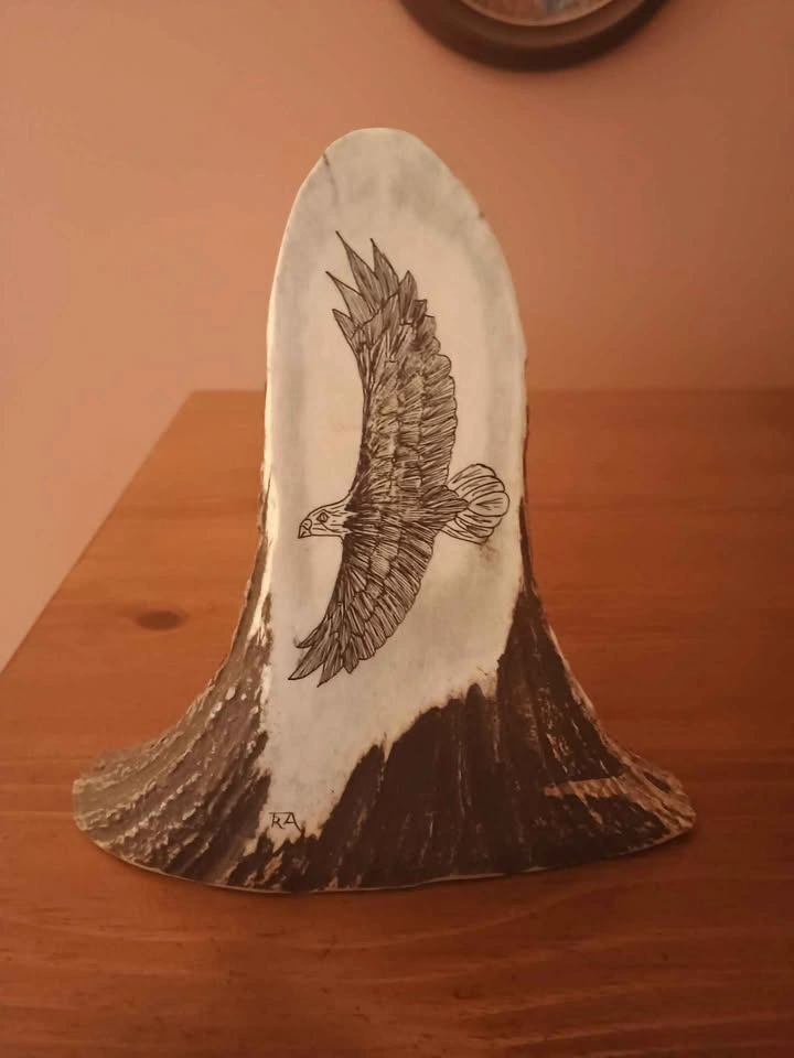 Eagle Scrimshaw on Moose Antler Signed RA? FRA? TRA?