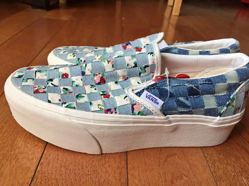 vans blue floral woven slip ons