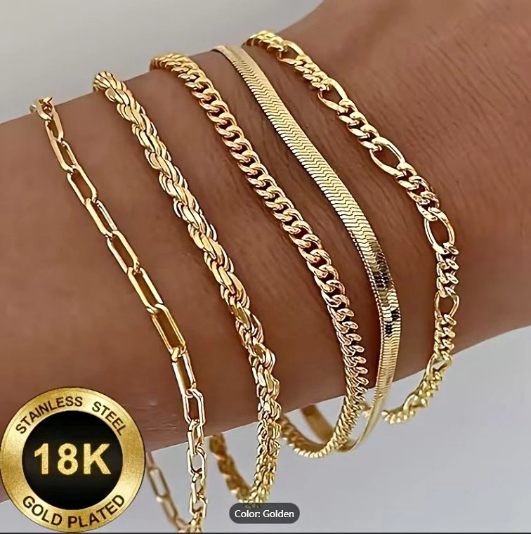 5pcs 18k Gold-Plated Stainless Steel Bracelet Set