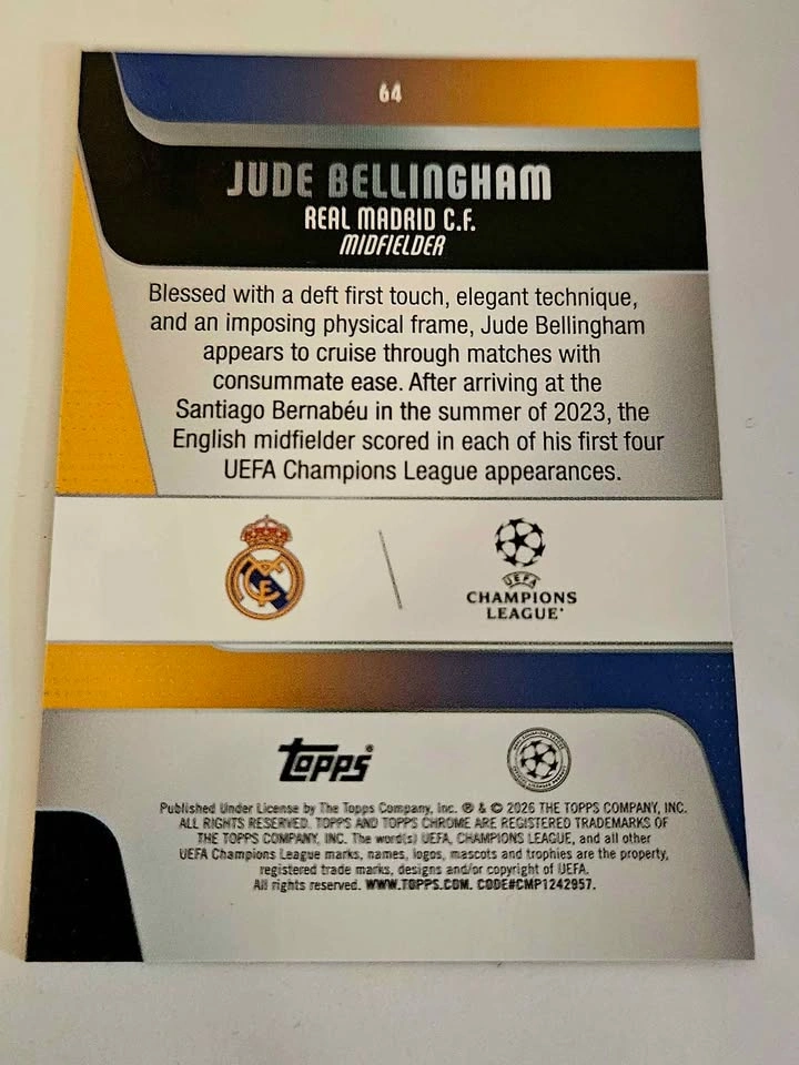 Topps Chrome Jude Bellingham Real Madrid #64 Trading Card - photo 3
