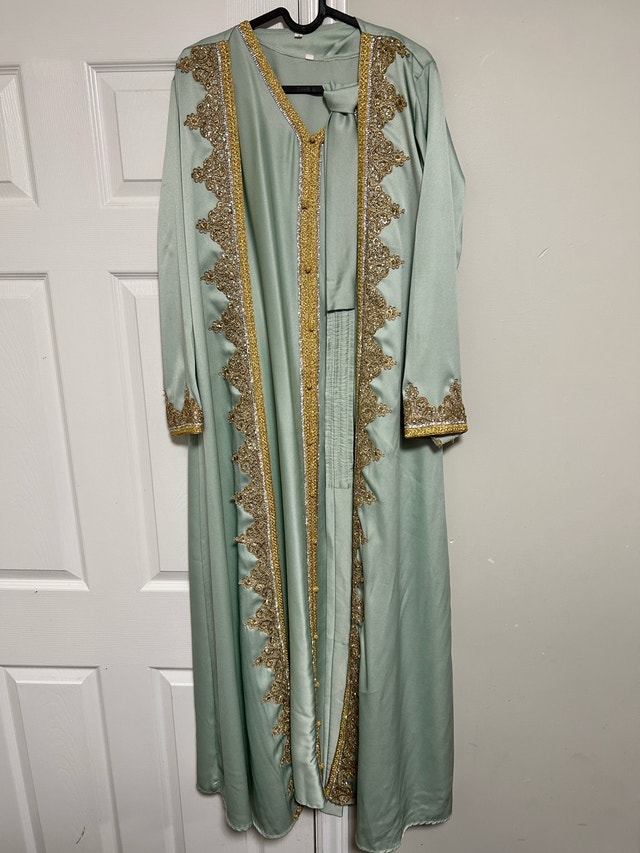 Beautiful Mint Green Moroccan Kaftan Dress Gold Embroidery