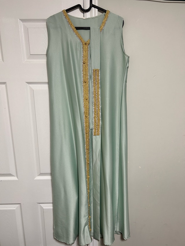 Beautiful Mint Green Moroccan Kaftan Dress Gold Embroidery - photo 2