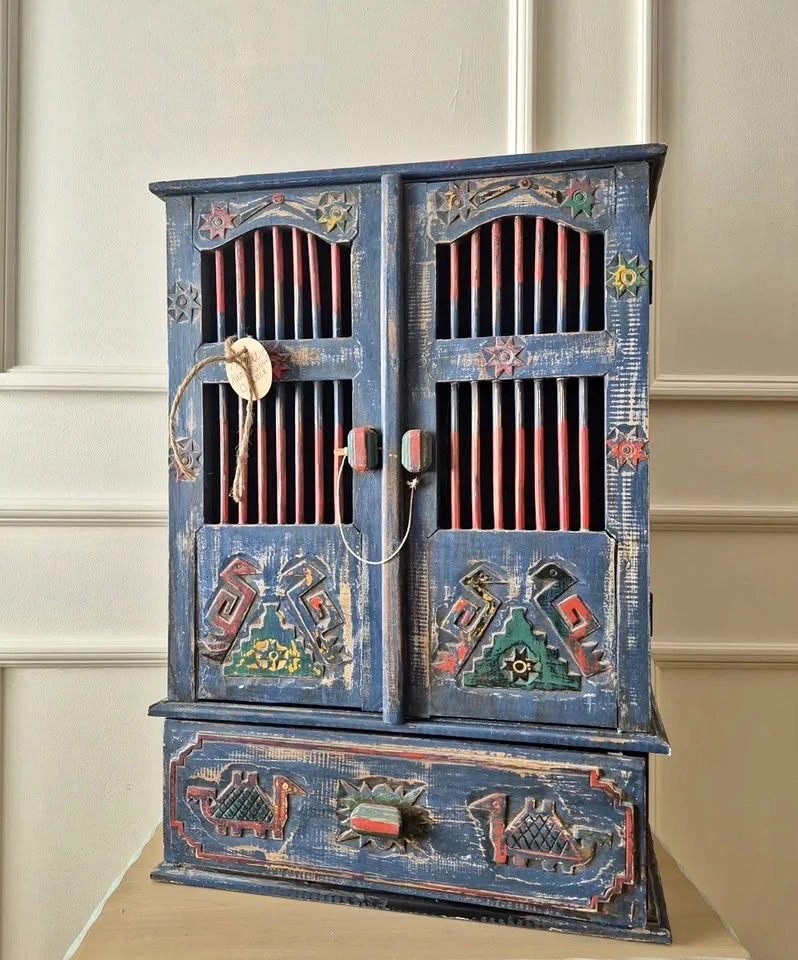 Vintage Hand-Carved Folk-Art Cabinet — Painted Aztec/Maya Wall C