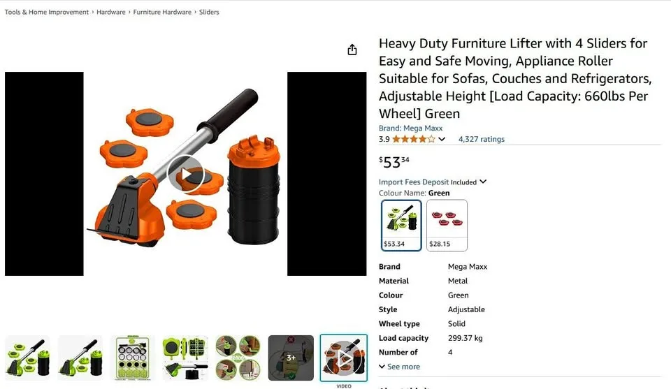 NEW - Heavy Duty Furniture Lifter with 4 Sliders thumbnail