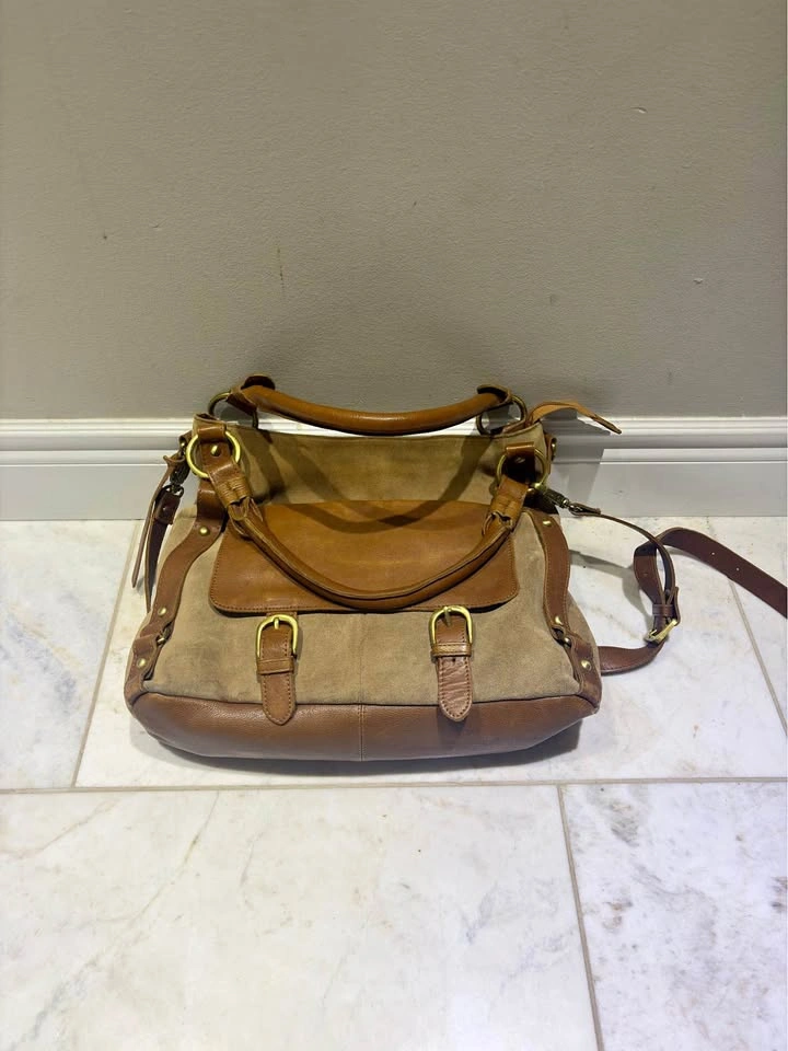 Genuine Tan Suede & Brown Leather Shoulder / Crossbody Bag