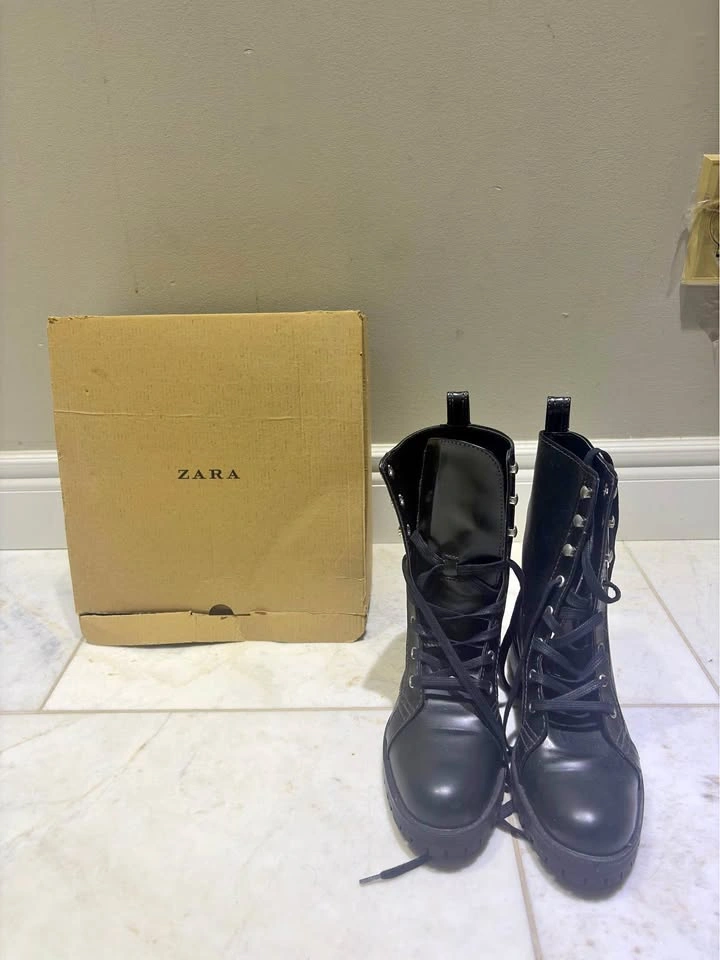 Zara Black Leather Military Lace Up Combat Ankle Boots Size 9