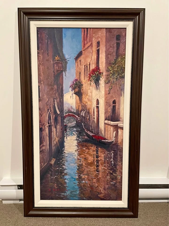 Venetian Canal Oil Painting in Dark Wood Frame