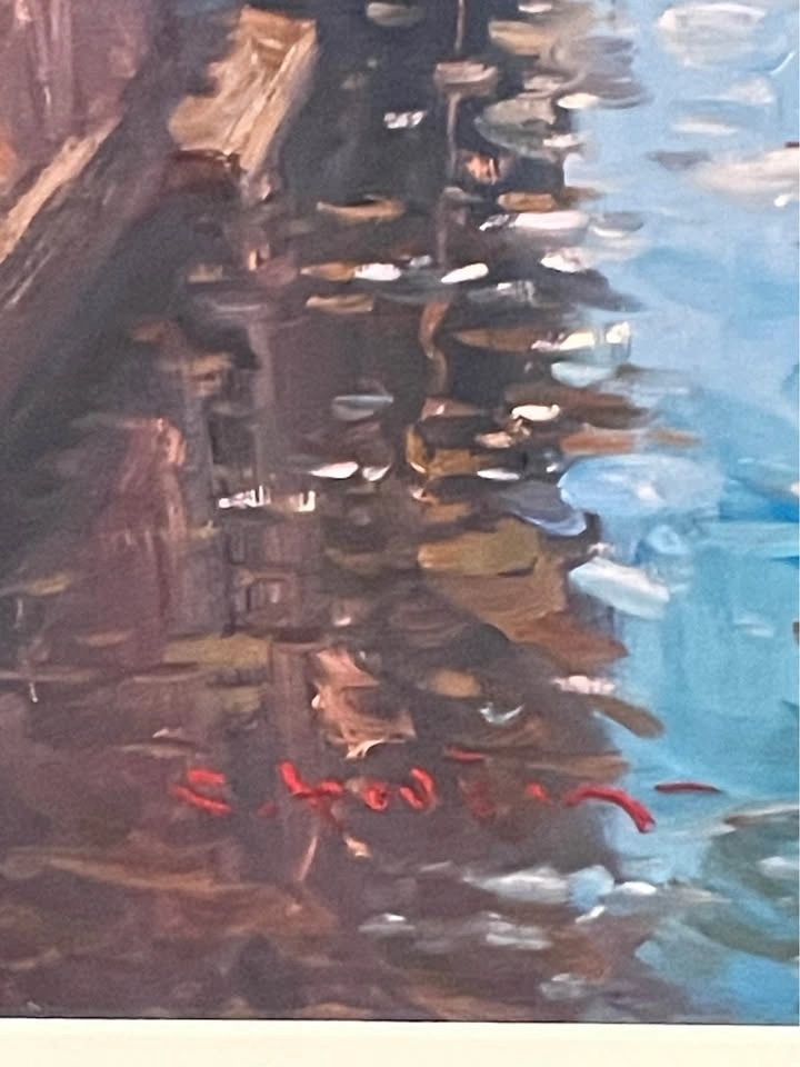 Venetian Canal Oil Painting in Dark Wood Frame - photo 2