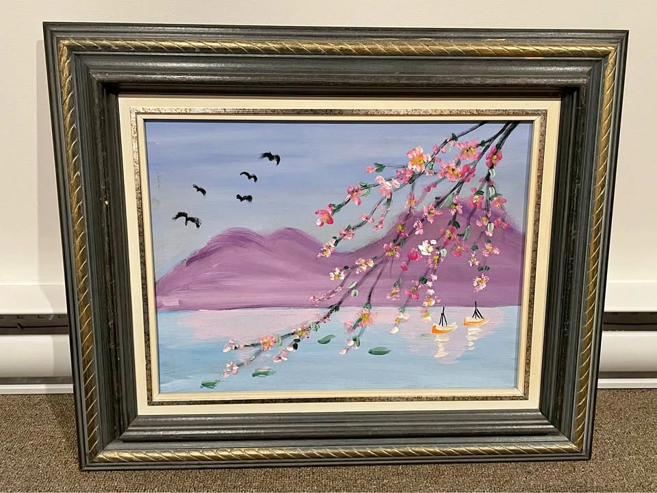 Framed Cherry Blossom Landscape Oil Painting