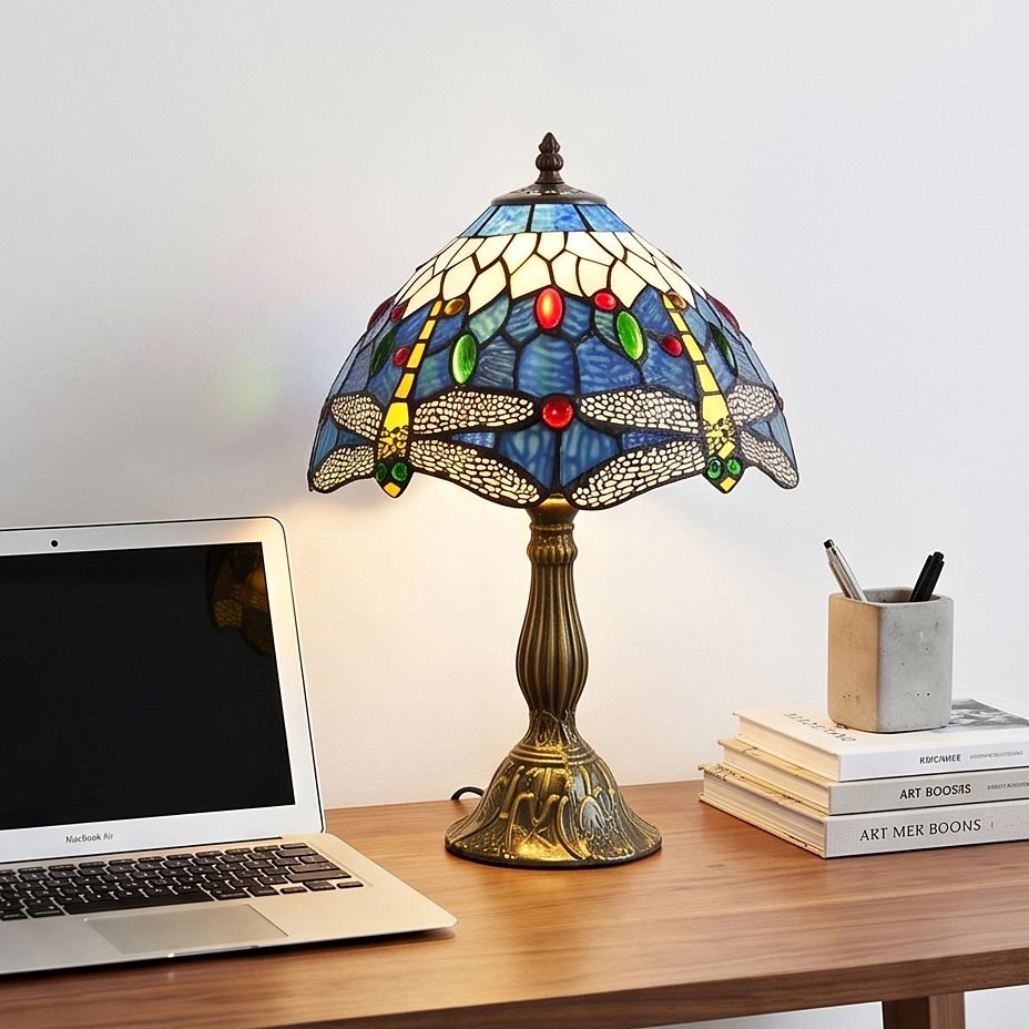 C5098 12" Dragonfly Pattern Stained Glass Tiffany Table Lamp