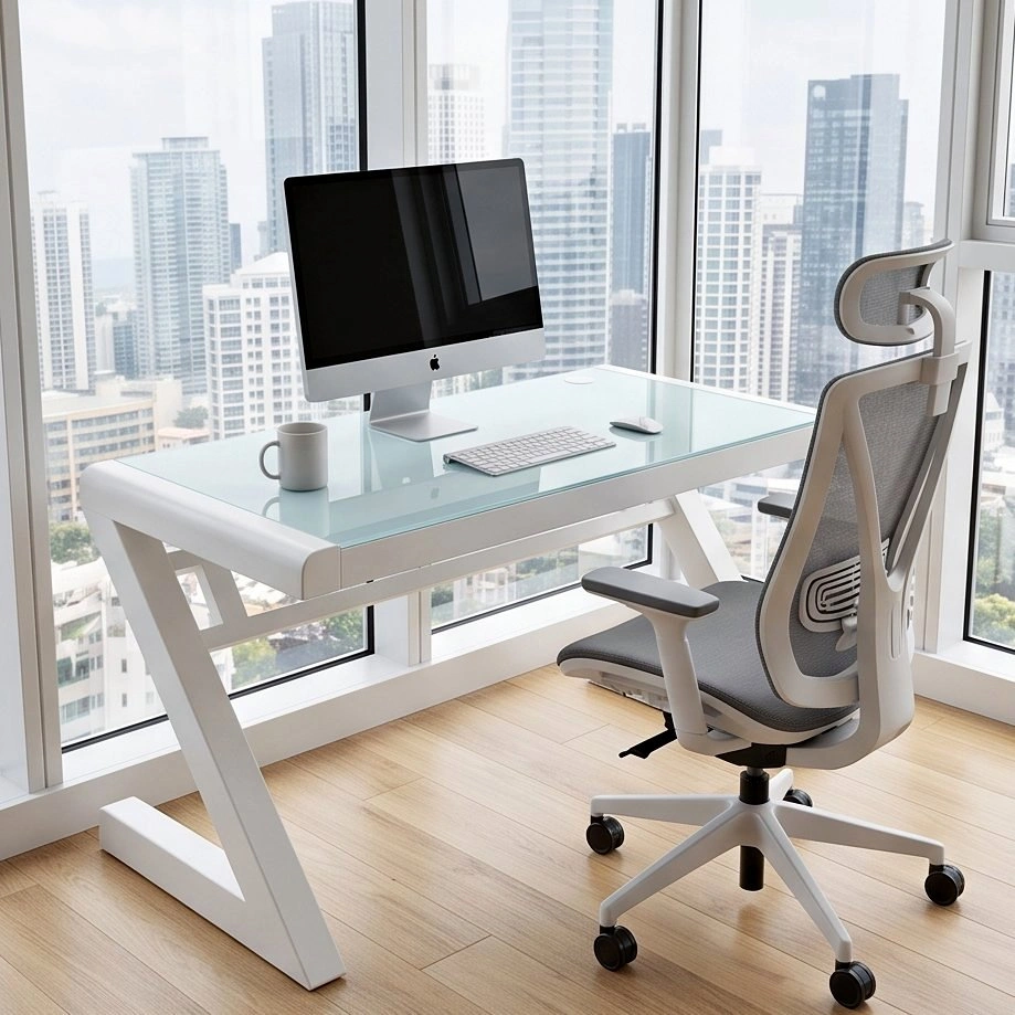 Modern Glass Computer Desk – Z-Shape Frame, Black & White
