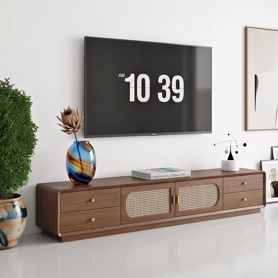 Vintage Style TV Console with Rattan Doors & Storage
