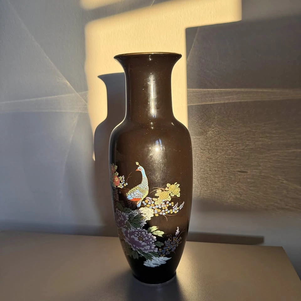 Vintage Japanese Black Porcelain Peacock Vase – Gilt Floral Moti