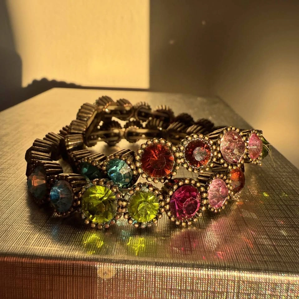 Vintage Style Jewel-Tone Rhinestone Stretch Bracelets (Set of 2)