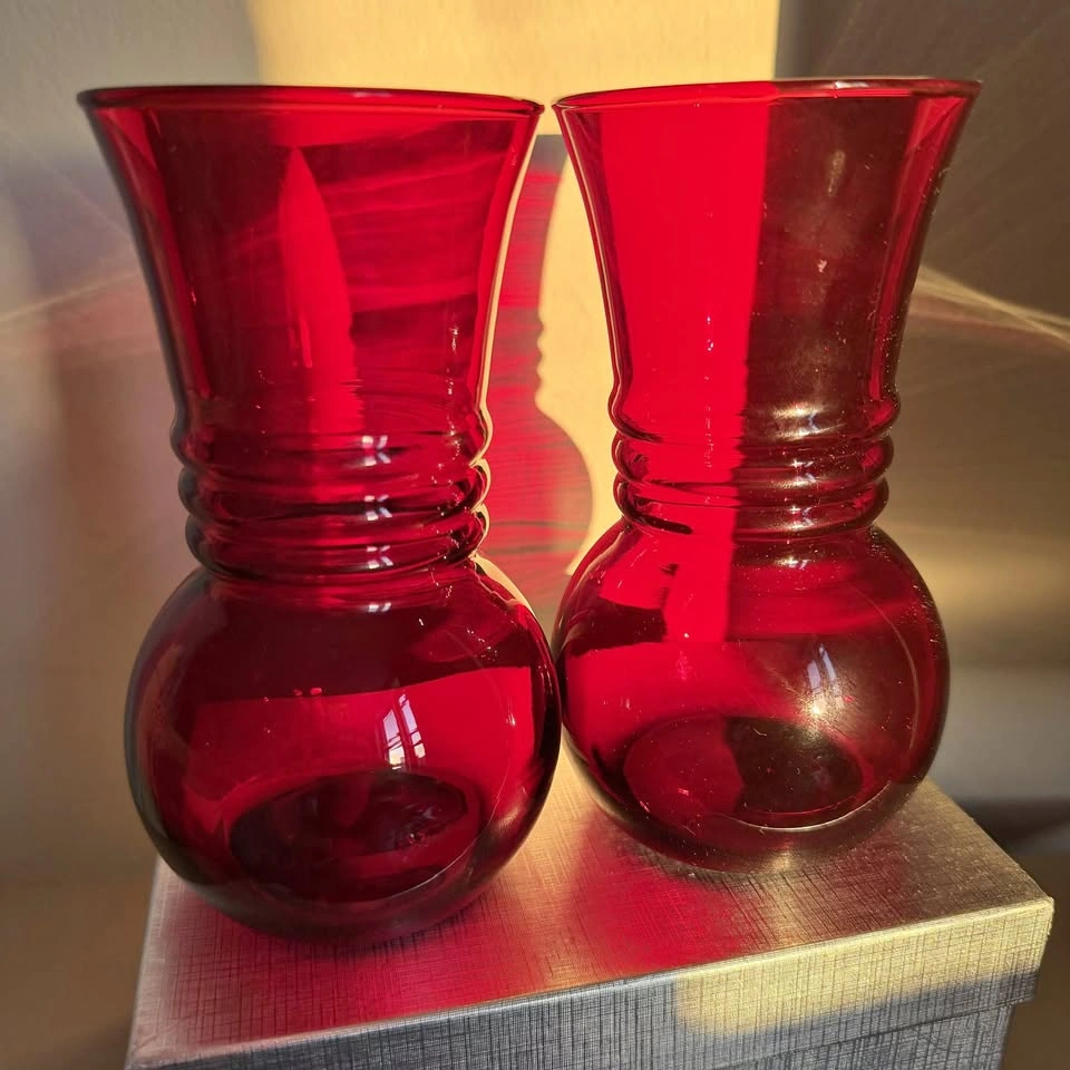 Vintage Ruby Red Glass Bud Vases (Pair) – 6.5" Mid-Century Decor