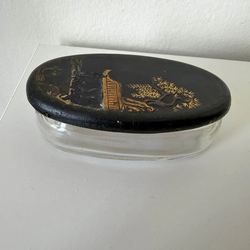 Antique Chinoiserie Lacquered Wood & Glass Trinket Box