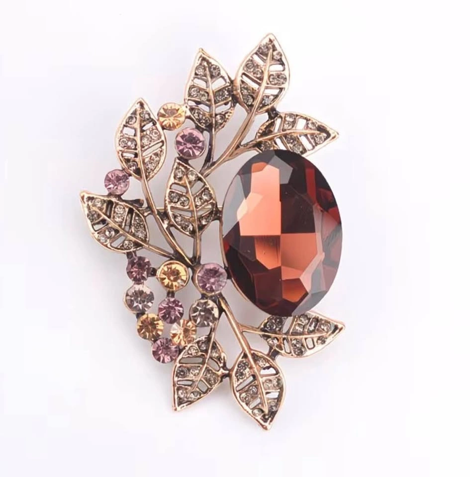 Gold-Tone Leaf Brooch with Amber Faceted Stone - photo 2