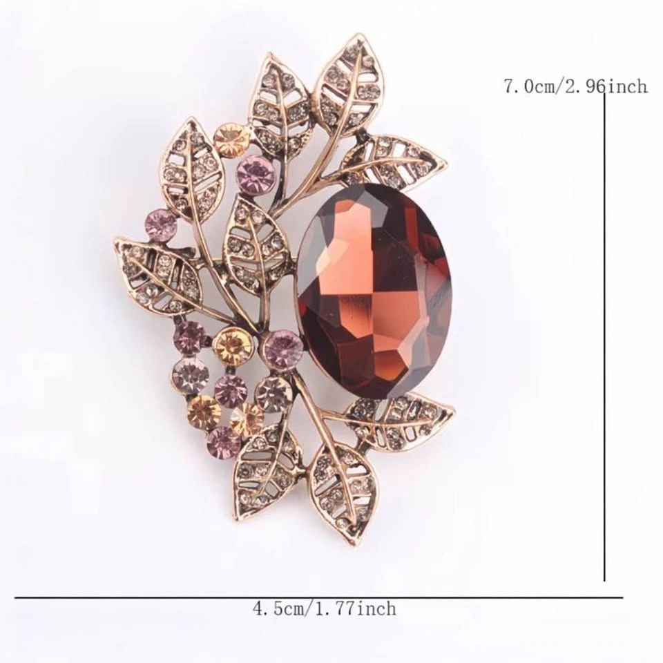 Gold-Tone Leaf Brooch with Amber Faceted Stone - photo 3