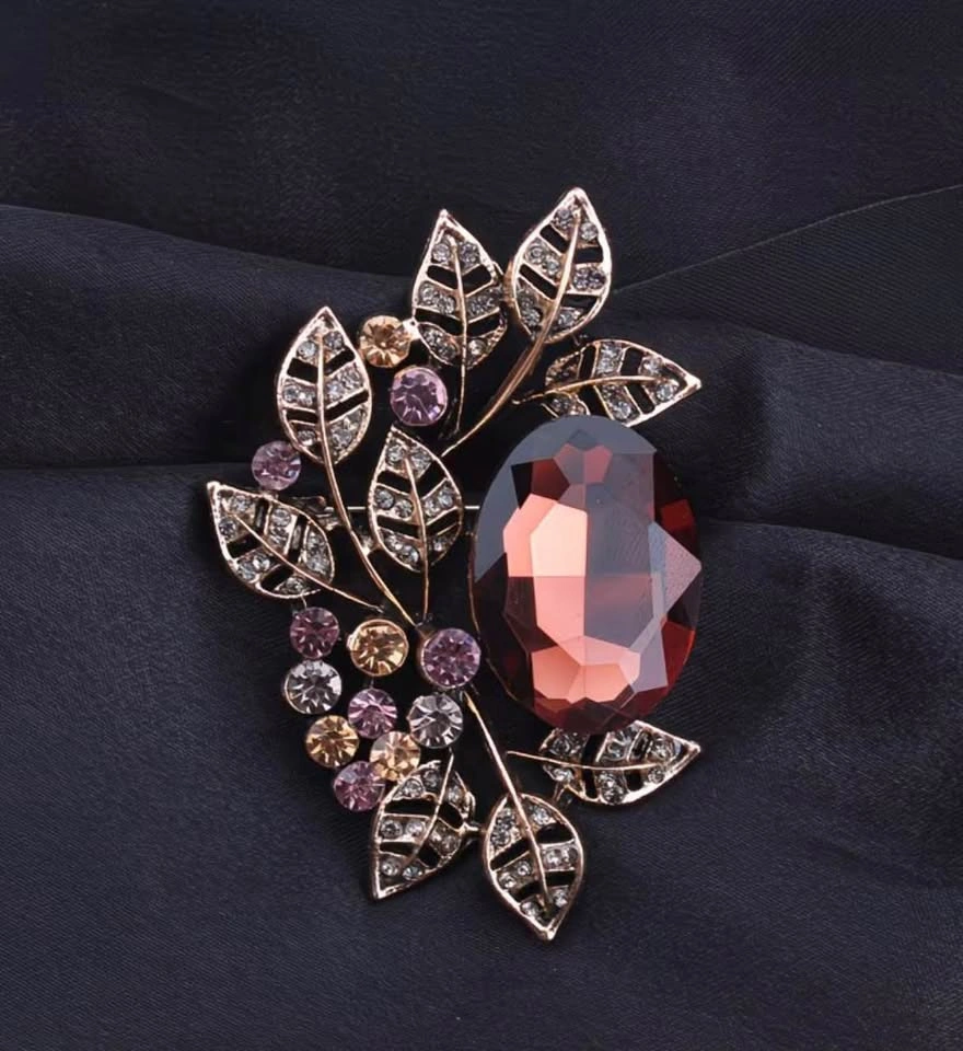 Gold-Tone Leaf Brooch with Amber Faceted Stone - photo 5