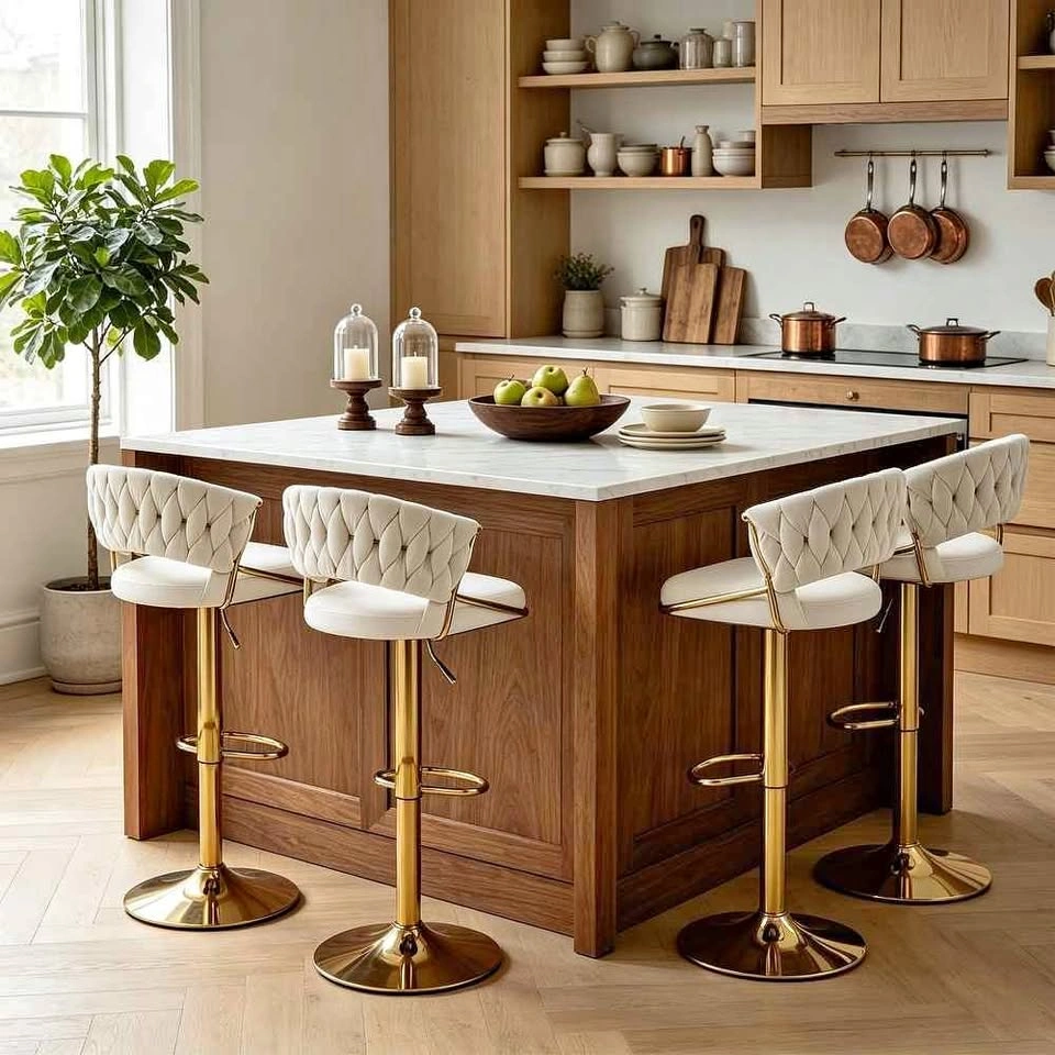 Modern Velvet Swivel Bar Stools with Gold Base – Set of 4