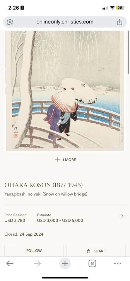 Ohara Koson (Shoson) (Japanese, 1877-1945), Snow on Willow Bridg - photo 5