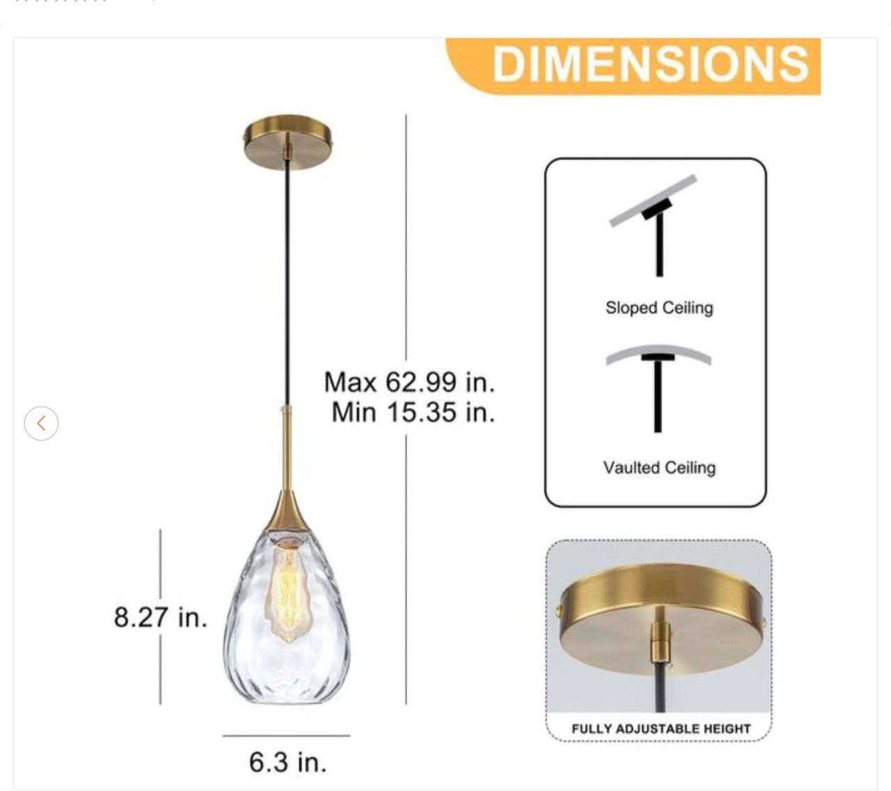 6.3 in. Gold Pendant Light with Clear Water Ripple Shade - photo 5
