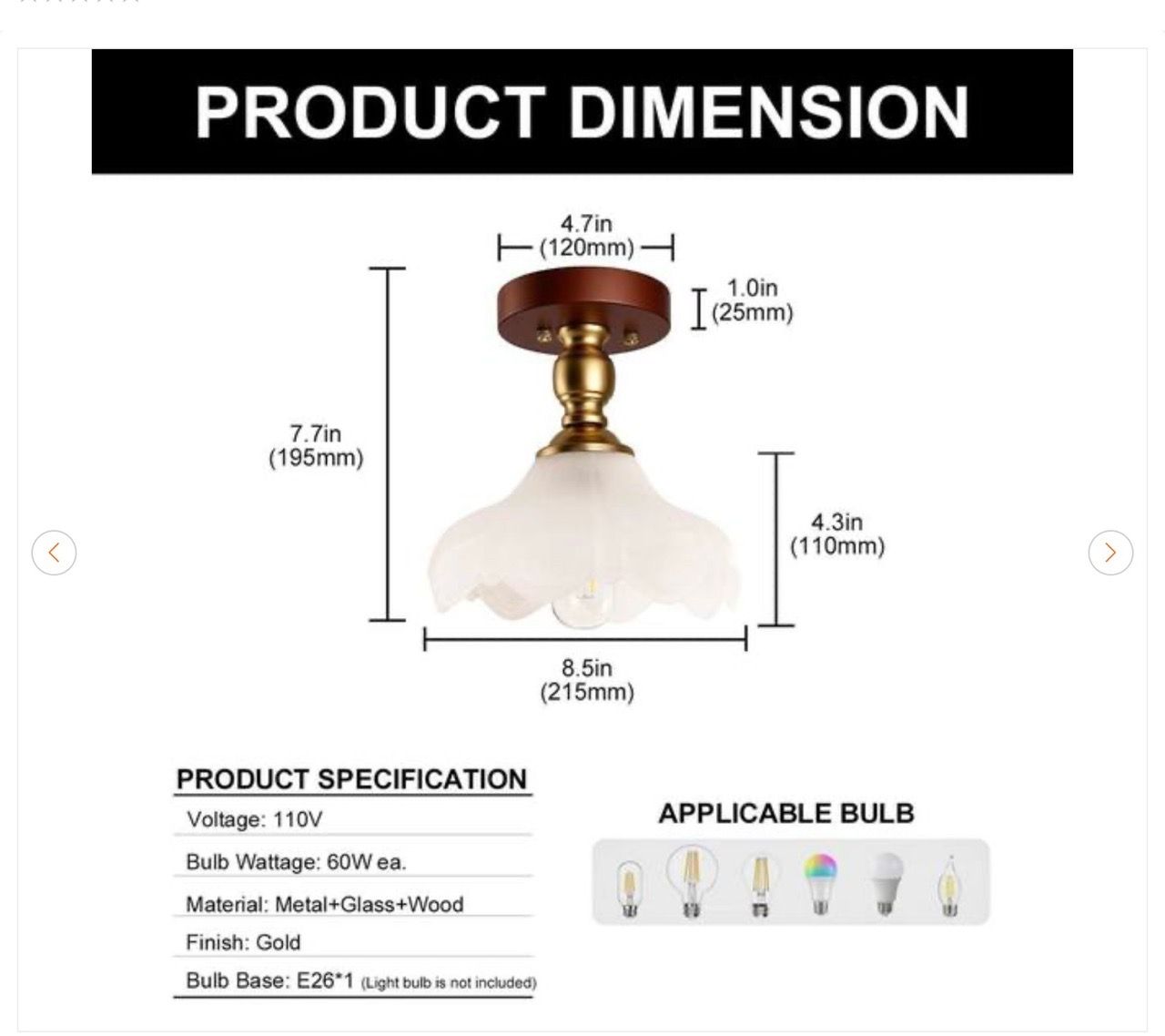 9 in. 1-Light Bowl Brushed Brass Semi-Flush Mount Ceiling Light - photo 3
