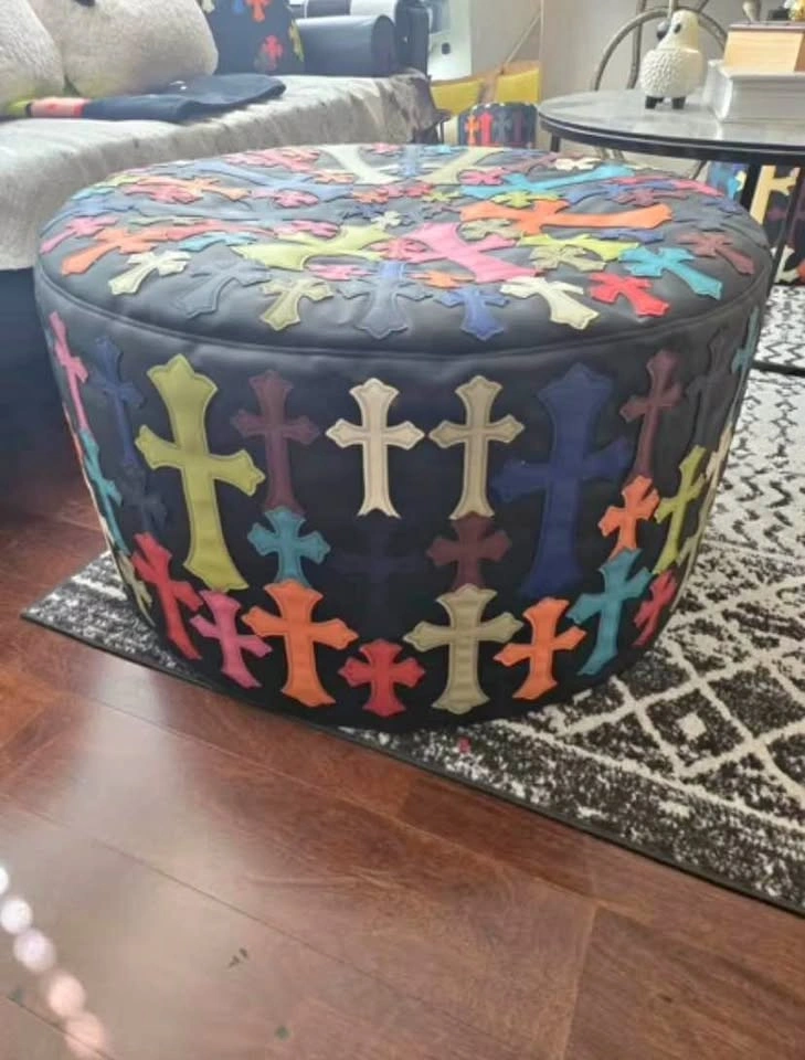 Multicolor Cross Patch Leather Pouf Bean Bag