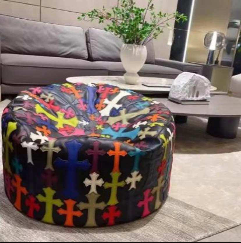 Multicolor Cross Patch Leather Pouf Bean Bag - photo 4