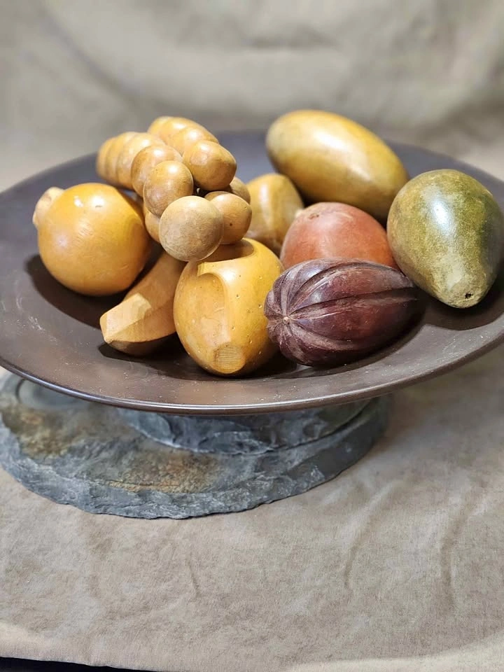Vintage Carved Wooden Fruit Bowl Set with Tiered Slate Stand