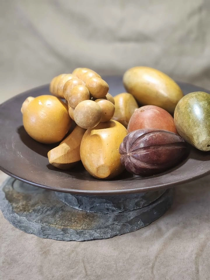 Vintage Carved Wooden Fruit Bowl Set with Tiered Slate Stand - photo 5