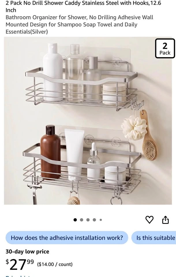 2 Pack No Drill Shower Caddy Stainless Steel with Hooks