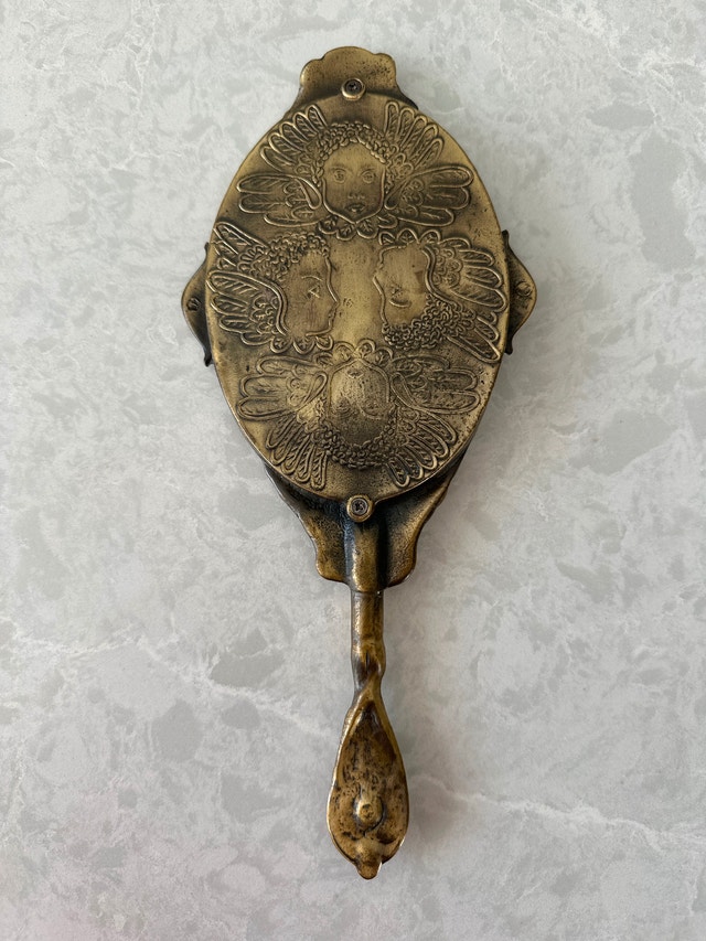 Vintage Baroque or Art Nouveau style brass hand mirror - photo 2