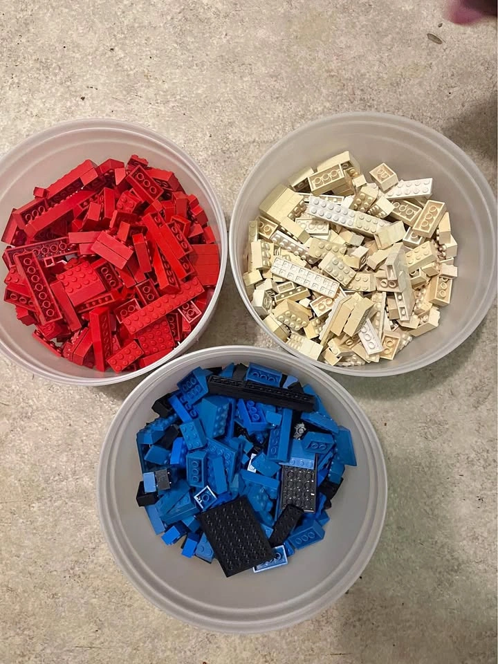 3 Tubs of older lego (Red, White & Blue)