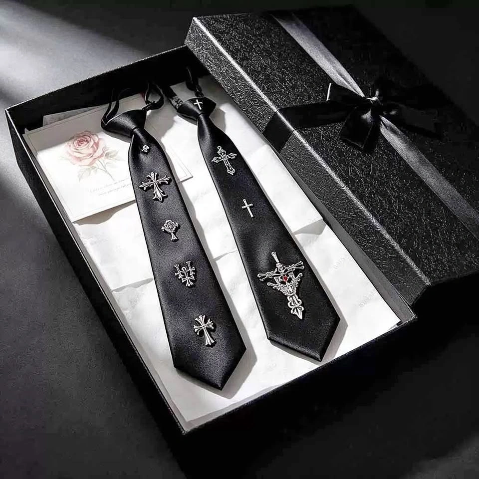 Gothic Cross Embellished Black Necktie