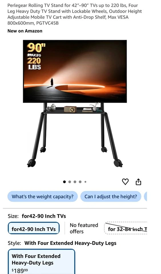 Perlegear Rolling TV Stand for 42″–90″ TVs up to 220 lbs