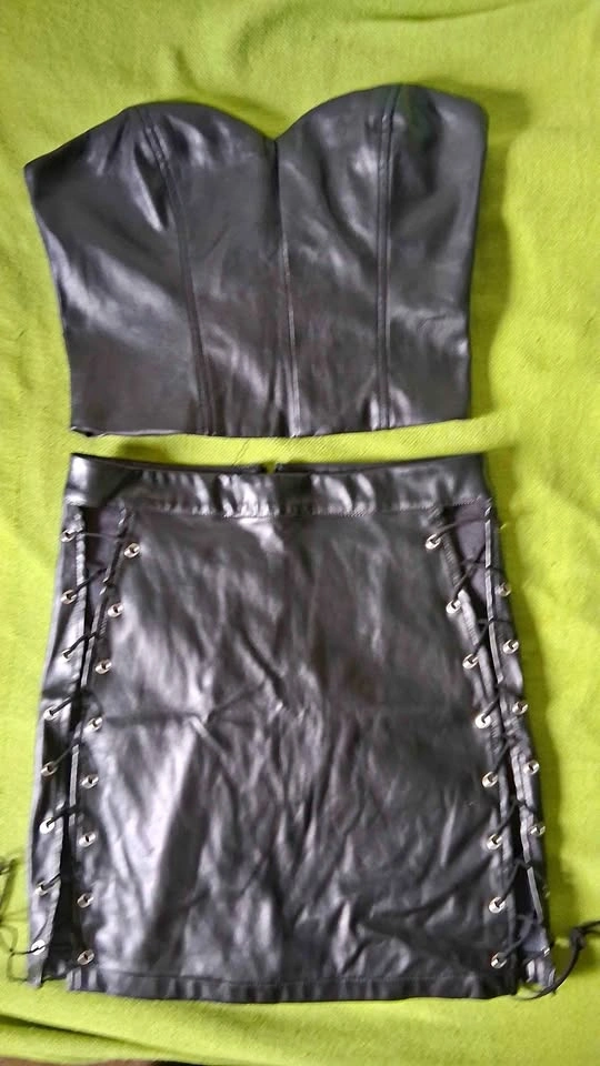 Black Faux Leather Two-Piece Set - Corset Top & Mini Skirt