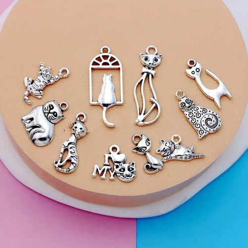 10 pcs Mix Cat Charms Handmade Craft Pendant Making Vintage Silv
