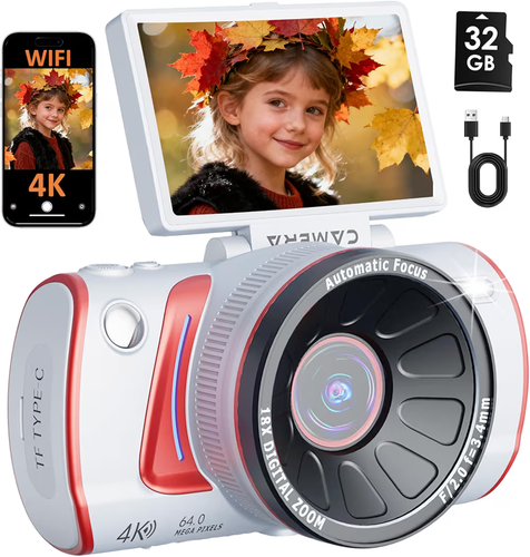 4K Digital Camera 64MP WiFi Vlogging Cam, 18X Zoom, Flip Screen