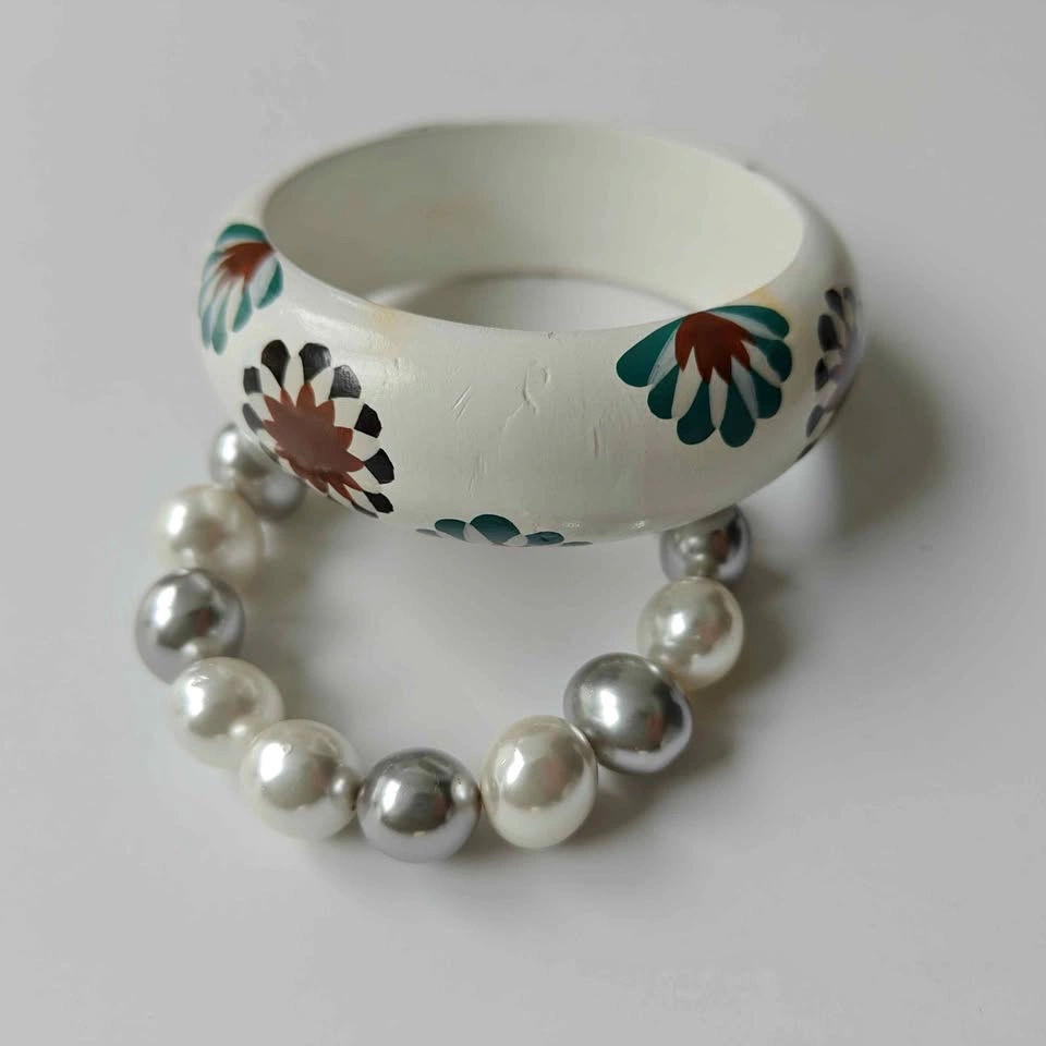 Floral Wooden Bangle and Faux Pearl Bracelet Set