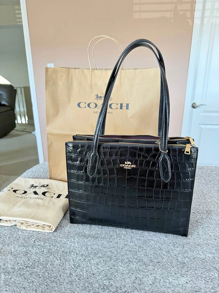 Coach Nina Tote CL654 Black Croc-Embossed Leather