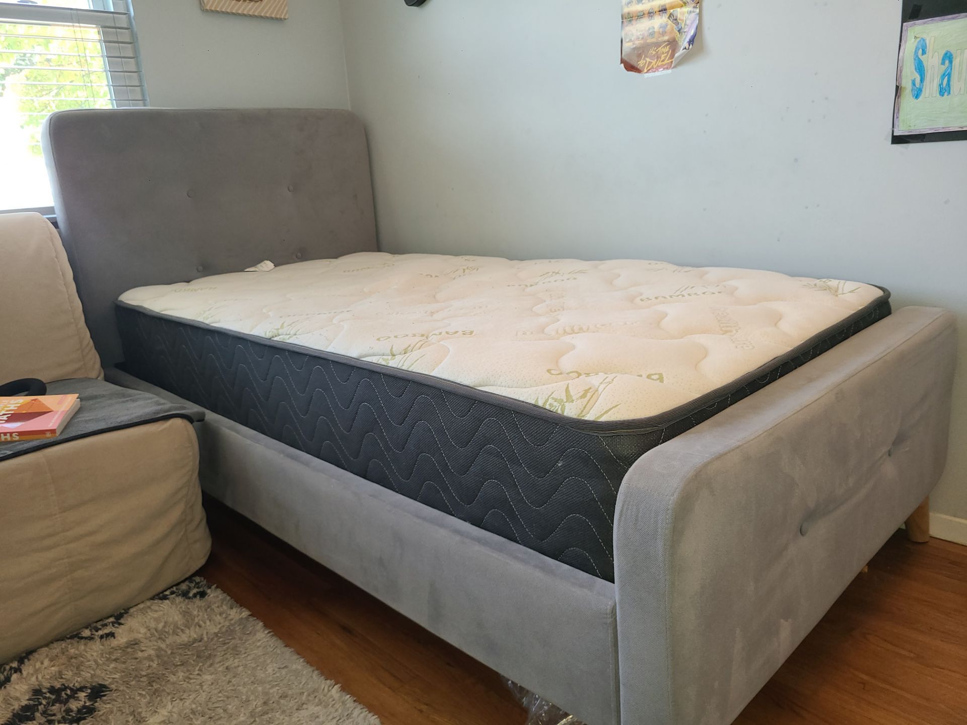 Upholstered Gray Single Bed Frame and Mattress