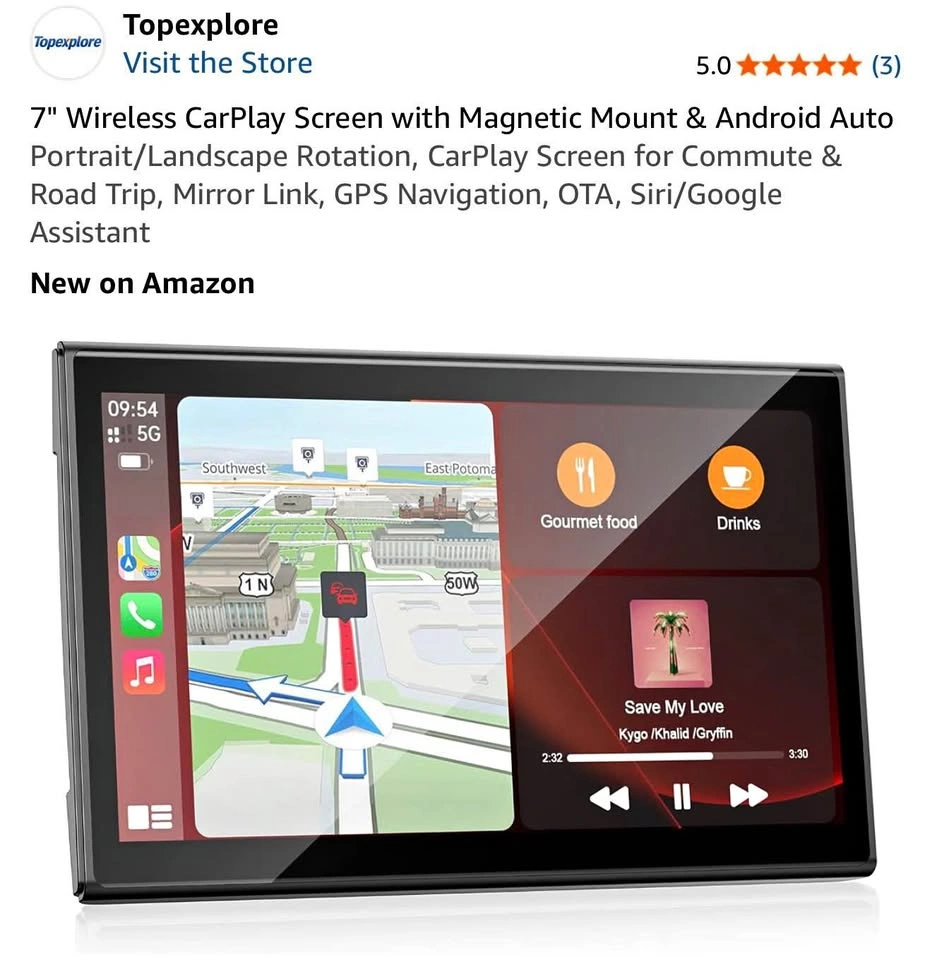 7" Wireless CarPlay Screen with Magnetic Mount & Android Auto